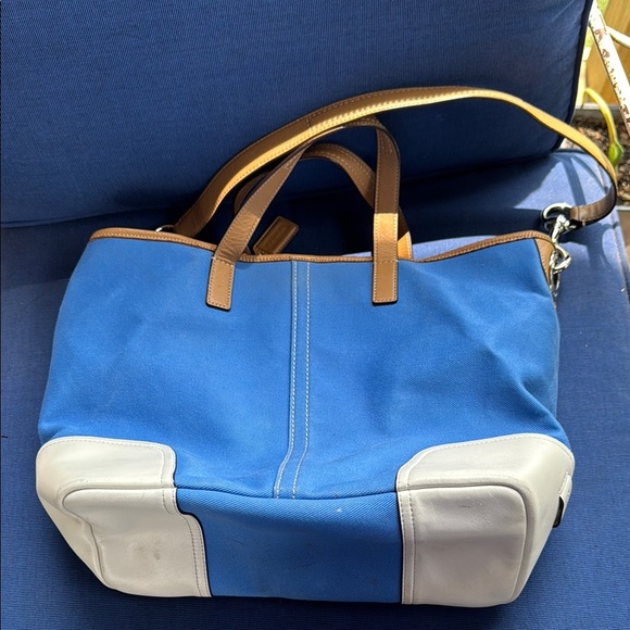 Coach Blue and Tan Suede Tote with Leather Trim - Picture 4 of 4